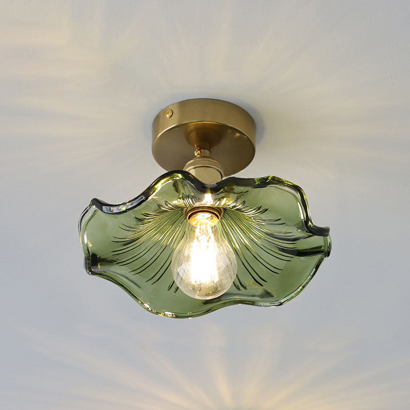 European Vintage Lotus Leaf Iron Copper 1-light Semi-flush Mount Light