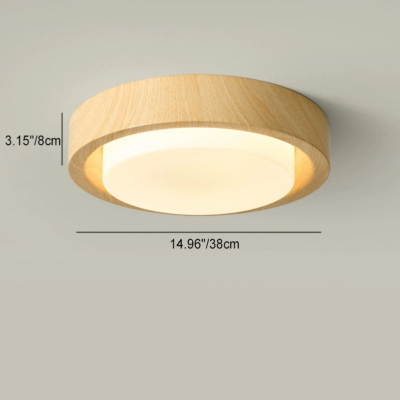 Traditional Japanese Round Glass Wood Grain LED Flush Mount Ceiling Light for Bedroom