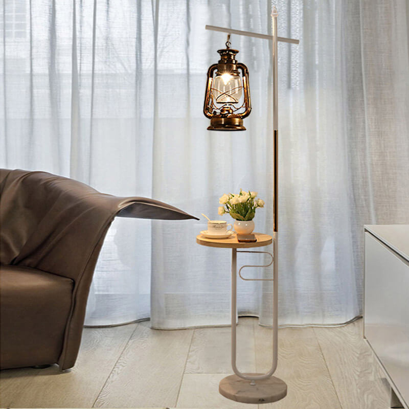 European Vintage Simple Lantern Table Iron Wood Marble 1-Light Standing Floor Lamp Lumendat
