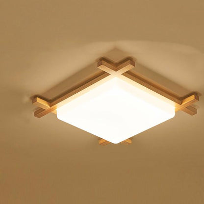 Traditional Japanese Wood Acrylic Square Tatami LED Flush Mount Ceiling Light for Bedroom