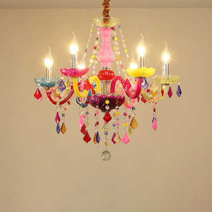 Traditional European Glass Crystal Metal Fabric Candlestick Holder Inflorescence 6-light Chandeliers for Living Room