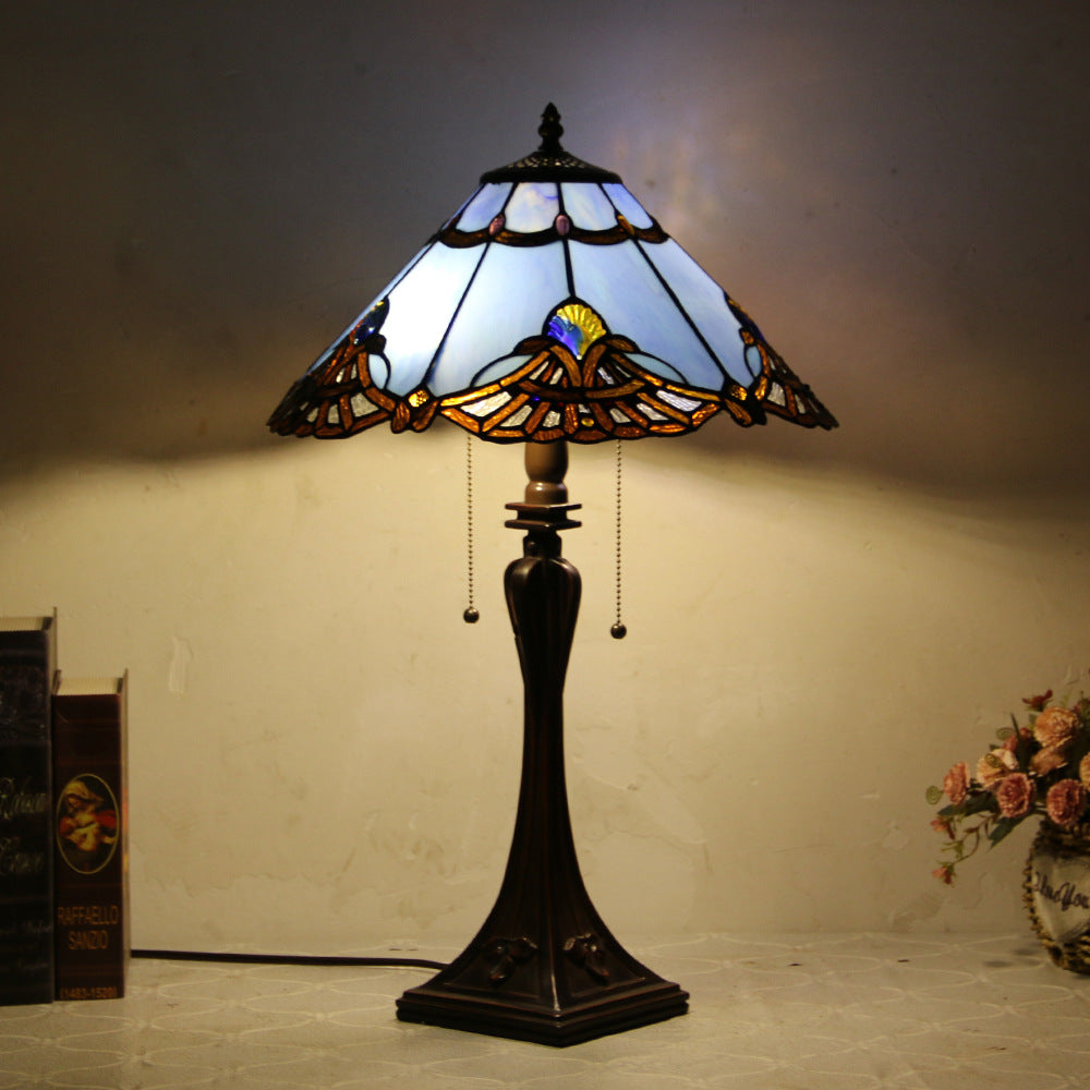 Tiffany Mediterranean Stained Glass Cone Pull Cord 2-Light Table Lamp Lumendat