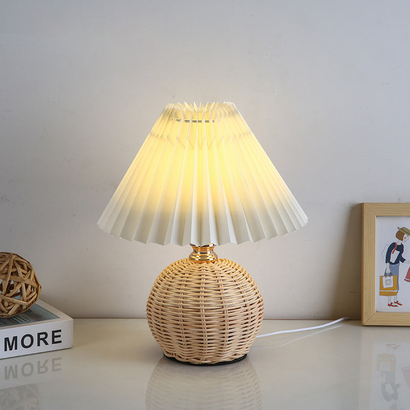 Contemporary Nordic Rattan Fabric Pleated Conic Ball LED Table Lamp For Bedroom Lumendat