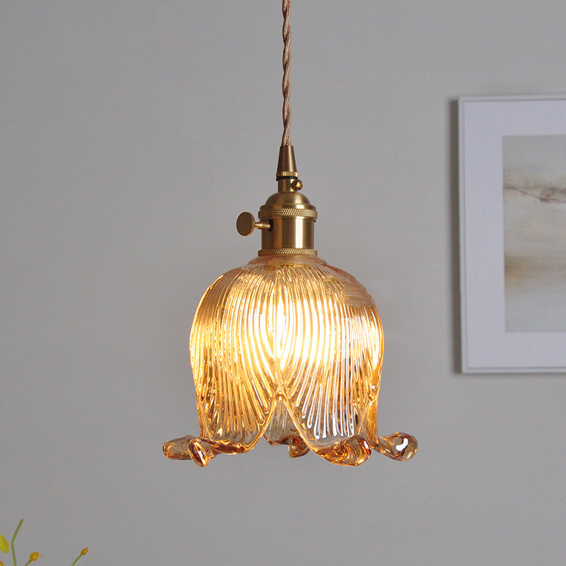 Vintage Nordic Brass Glass Bell Flower 1-light Pendant Light