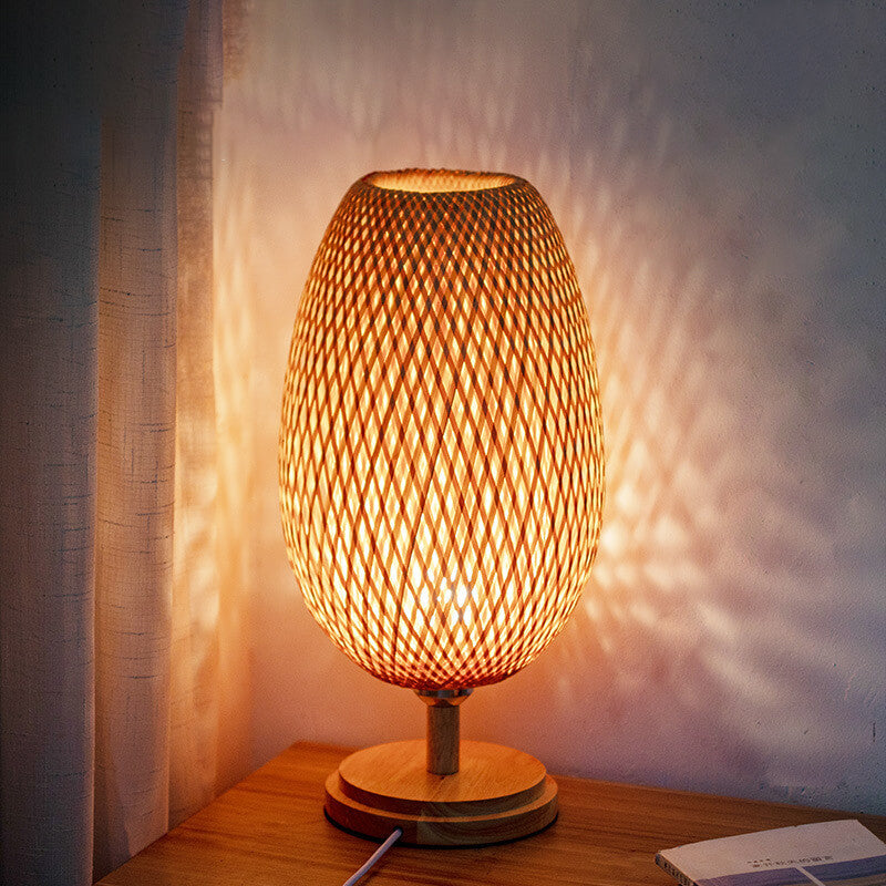 Traditional Chinese Moso Bamboo Wood Iron Weaving Oval Round 1-Light Table Lamp For Bedroom Lumendat