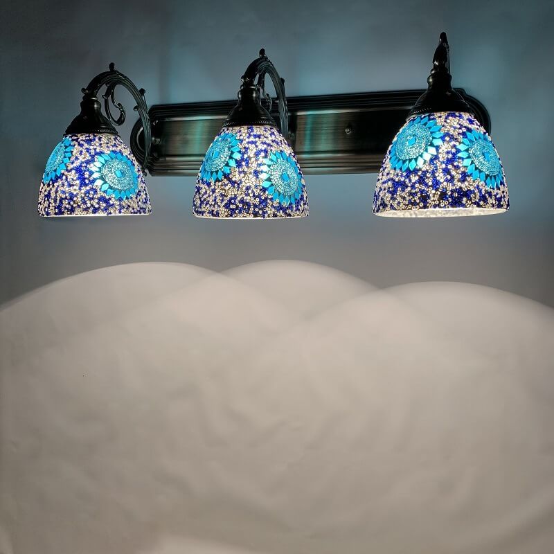 Tiffany Mediterranean Horn Stained Glass 3-Light Bathroom Vanity Mirror Front Wall Sconce Lamp Lumendat