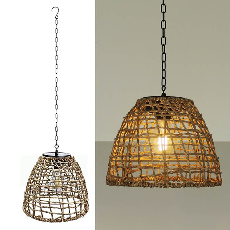 Traditional Rustic Iron Net Rattan Weaving Cage LED Solar Waterproof Pendant Light for Outdoor Patio BulbSquare