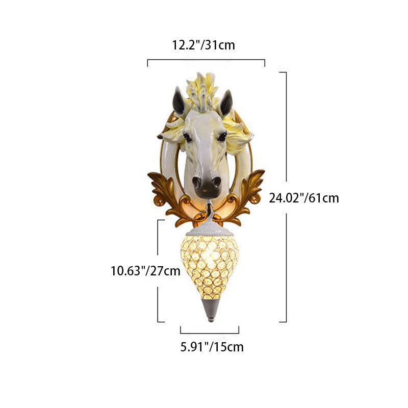 Modern Eclectic Resin Horse Head Decor Crystal Round Shade 1-Light Wall Sconce Lamp For Living Room Lumendat