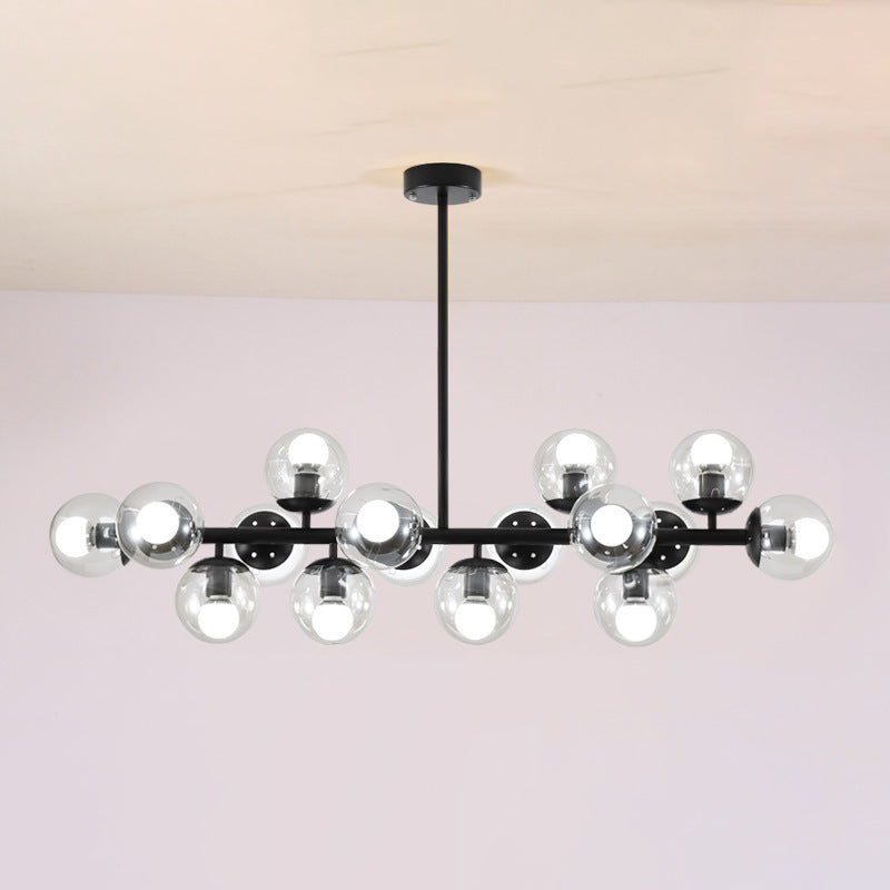 Contemporary Scandinavian Long Round Globe Iron Glass 16-light Island Light Chandelier for Dining Room