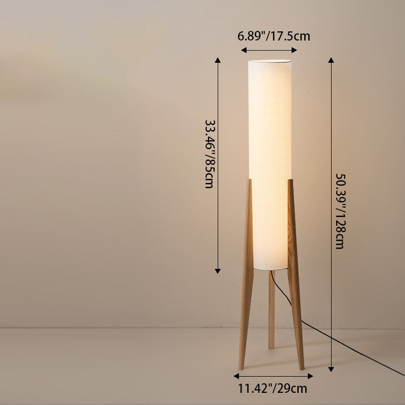 Traditional Chinese Fabric Cylinder Shade Wood Tripod 1-Light Standing Floor Lamp For Study Lumendat