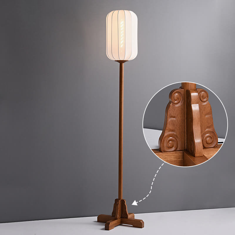 Japanese Zen Rosewood Base Silk Lantern Shade 1-Light Standing Floor Lamp Lumendat
