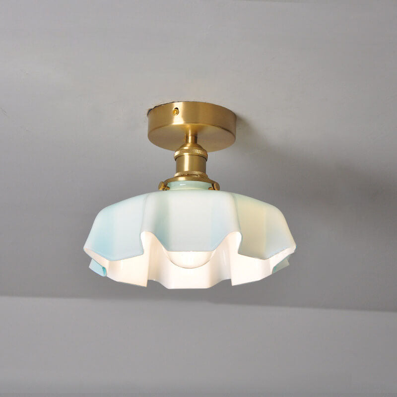 Japanese Vintage Cream Glass Floral Brass 1-Light Semi-Flush Mount Ceiling Light Lumendat