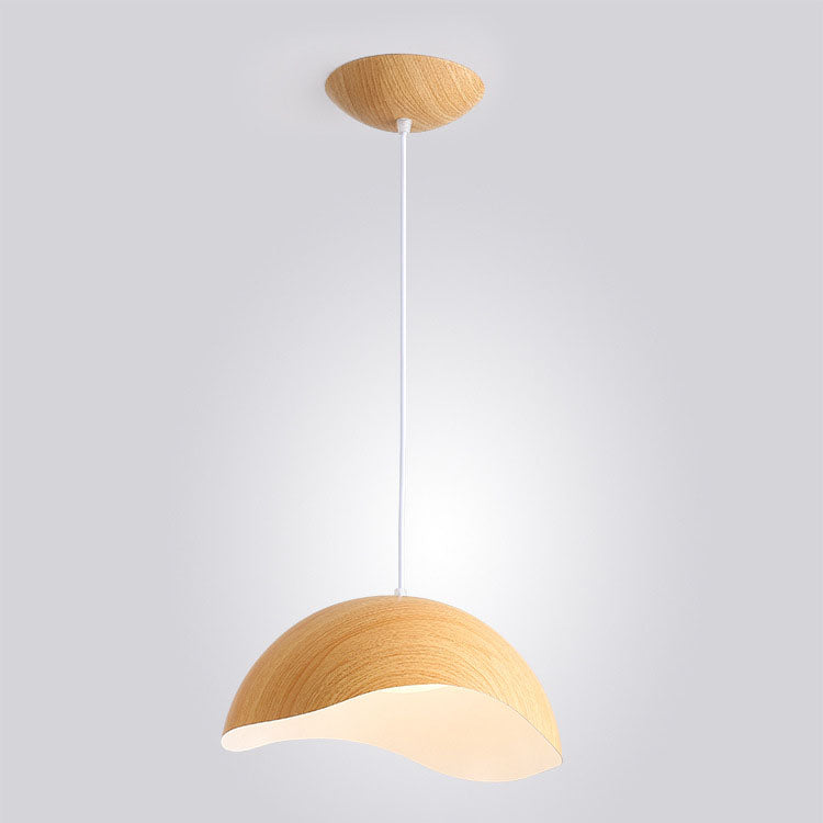 Contemporary Scandinavian Wood Grain Iron Dome Wave LED Pendant Light for Dining Room