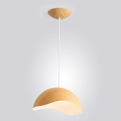 Contemporary Scandinavian Wood Grain Iron Dome Wave LED Pendant Light for Dining Room