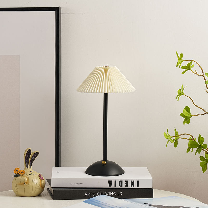 Contemporary Scandinavian Rechargeable Iron Fabric Conic Pleated 1-Light Table Lamp For Bedside Lumendat
