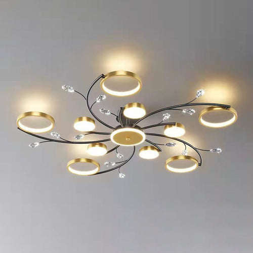 Modern Luxury Branch Round Metal Iron Acrylic Crystal Silicone LED Semi-flush Mount Ceiling Light for Living Room