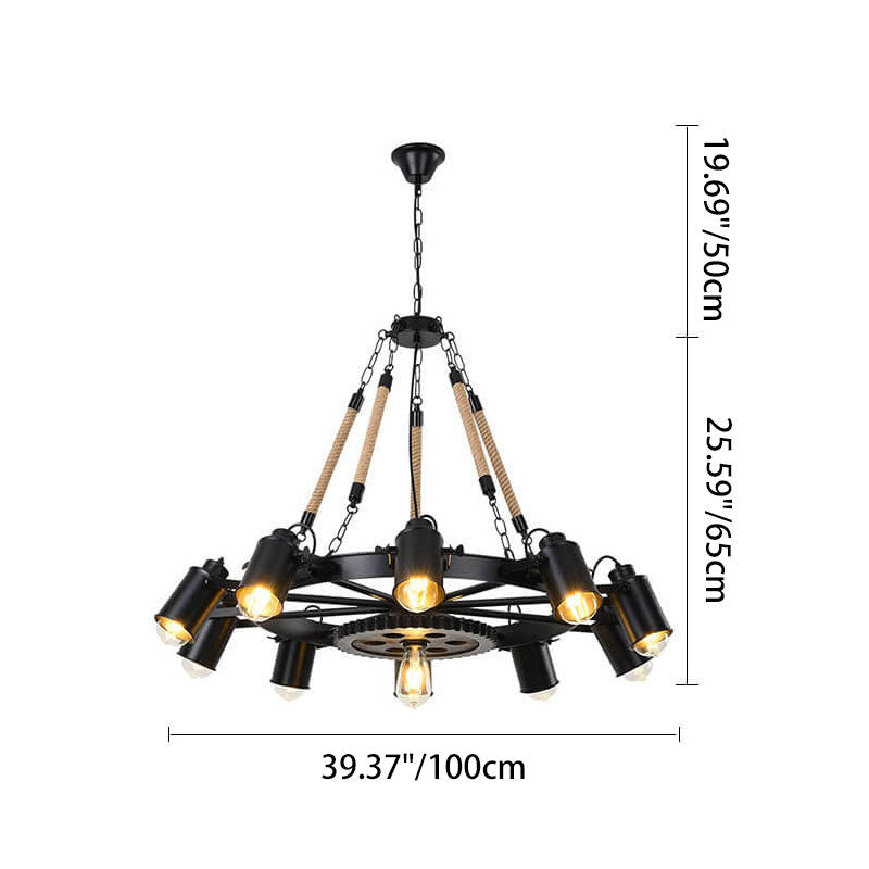 Contemporary Industrial Retro Gear Wrought Ion Hemp Rope 7/9/11-Light Chandelier For Living Room Lumendat