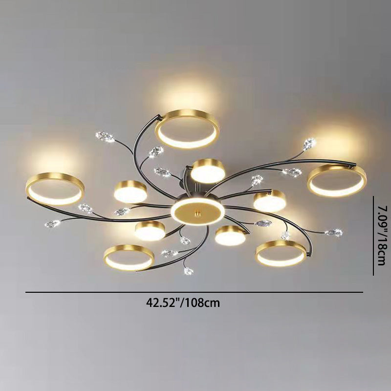 Modern Luxury Branch Round Metal Iron Acrylic Crystal Silicone LED Semi-flush Mount Ceiling Light for Living Room