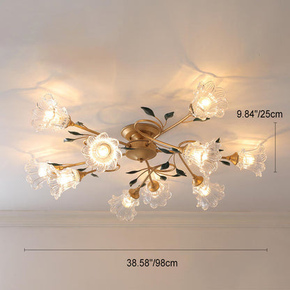 Traditional European Floral Iron Glass 6/8/10 Light Semi-flush Mount Ceiling Light for Bedroom