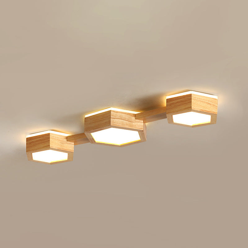 Traditional Japanese Hexagon Wood Acrylic LED Flush Mount Ceiling Light for Living Room