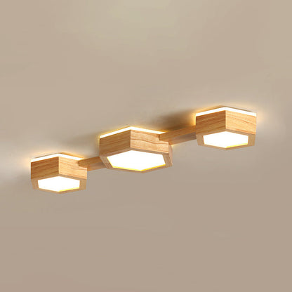 Traditional Japanese Hexagon Wood Acrylic LED Flush Mount Ceiling Light for Living Room