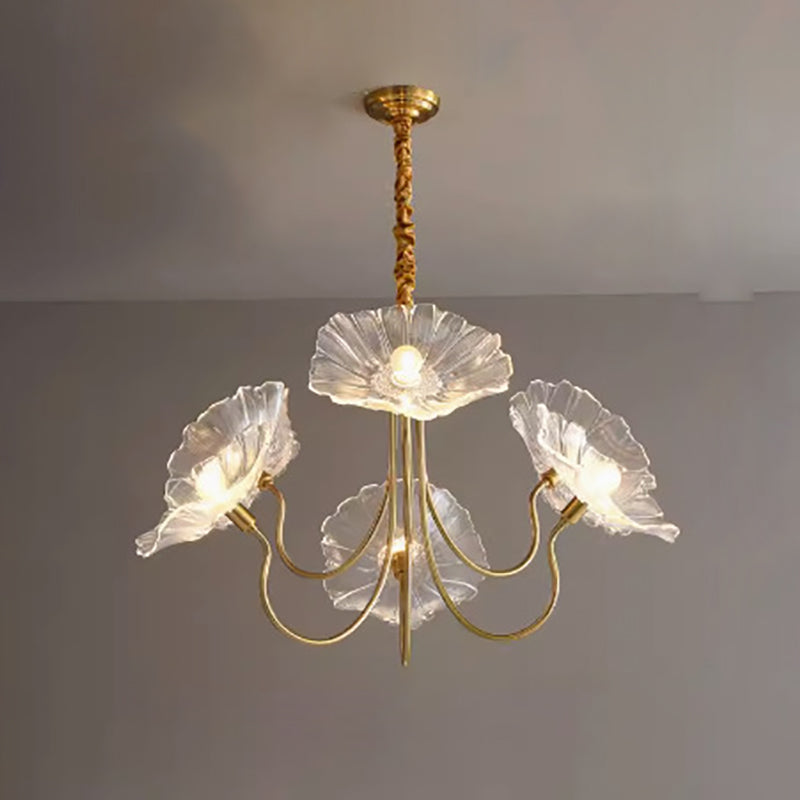 Modern Art Deco Gold Finish Frame Lotus Leaf Glass Shade 3/6-light Chandelier for Living Room