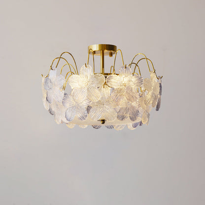 Traditional French Iron Glass Round Flower 5/6 Light Semi-flush Mount Ceiling Light for Living Room