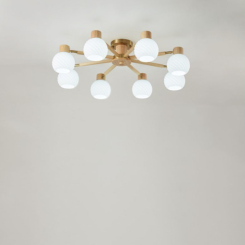 Traditional Japanese Wabi-sabi Rubberwood Hardware Glass 3/6/8-Light Flush Mount Lighting For Living Room Lumendat