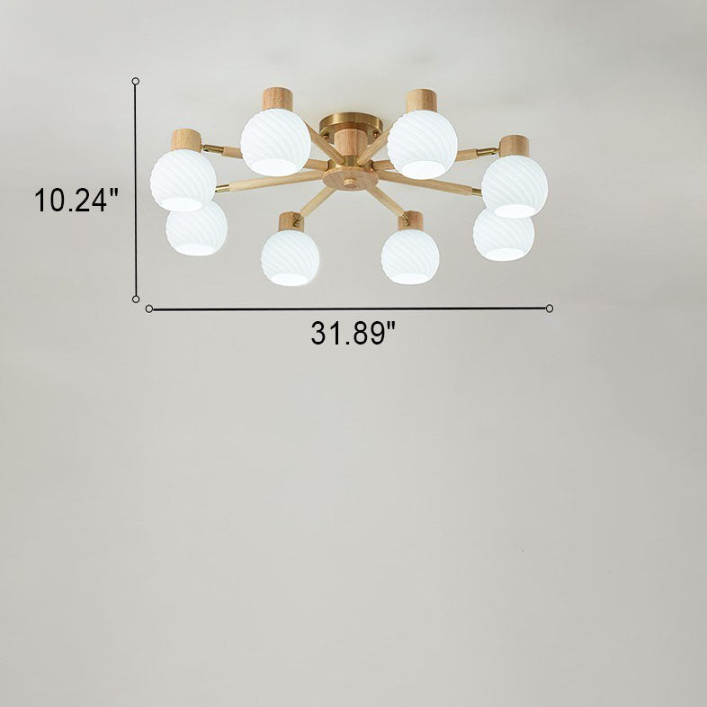 Traditional Japanese Wabi-sabi Rubberwood Hardware Glass 3/6/8-Light Flush Mount Lighting For Living Room Lumendat
