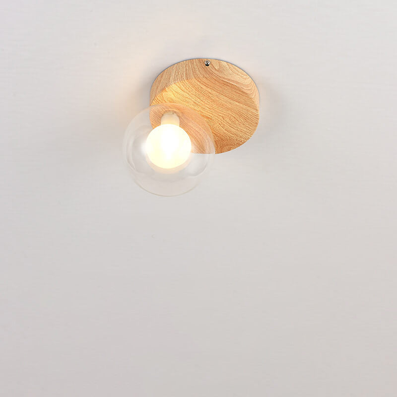 Japanese Minimalist Glass Iron Woodgrain 1-light Semi-flush Mount Ceiling Light