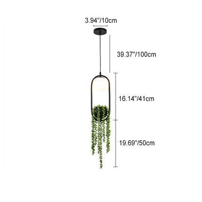Modern Art Deco Iron Glass Elliptical Simulated Greenery 1-light Pendant Light for Dining Room