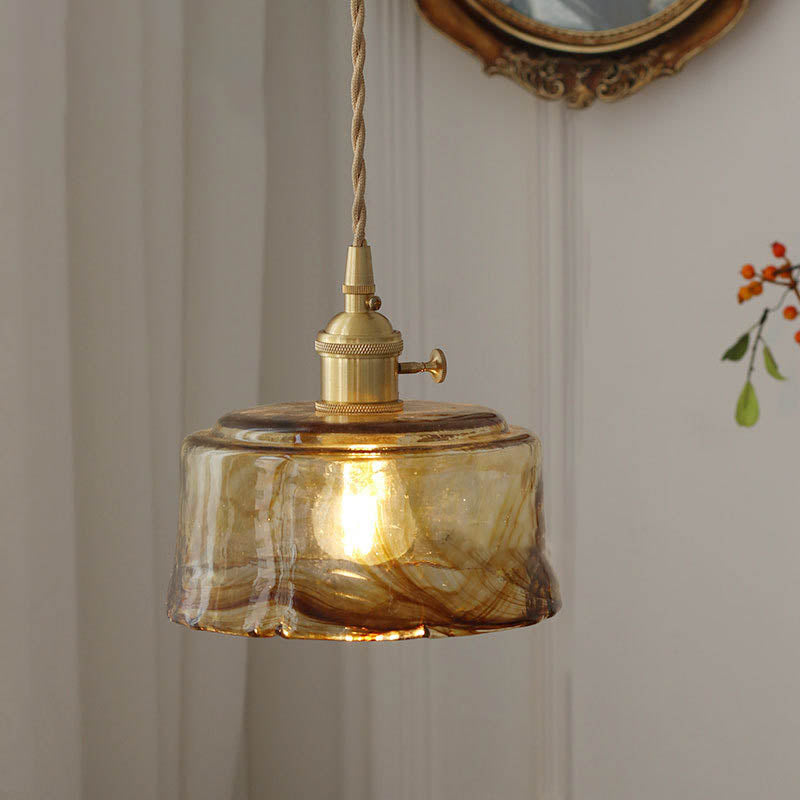 Modern Eclectic Amber Brass Glass Geometric Jar 1-light Pendant Light for Living Room BulbSquare