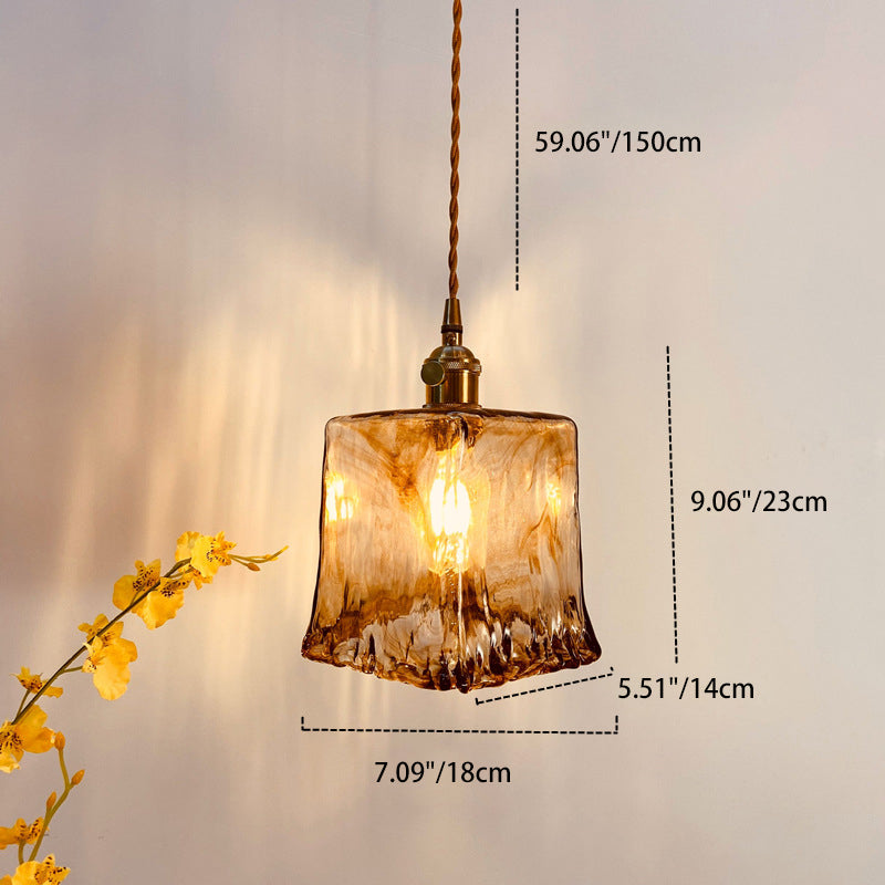 Traditional Vintage Amber Square Glass Brass 1-light Pendant Light for Living Room BulbSquare