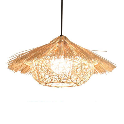 Traditional Rustic Rattan Weaving Straw Hat 1-light Pendant Light for Dining Room