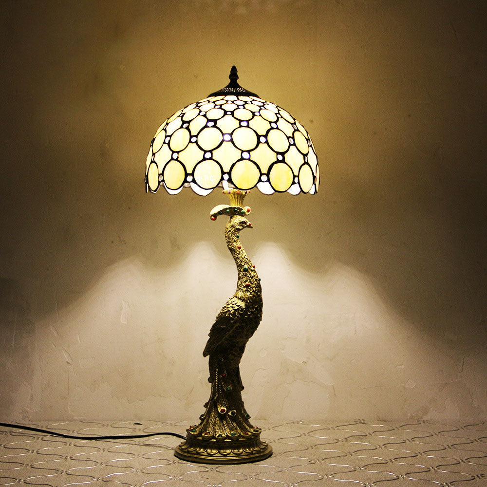 Vintage Tiffany Peacock Gem Dome Glass Resin 1-Light Table Lamp Lumendat