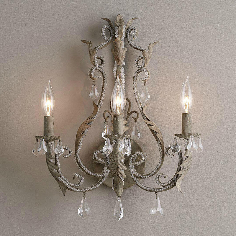 French Vintage Iron Crystal Hardware 3-Light Wall Sconce Lamp Lumendat