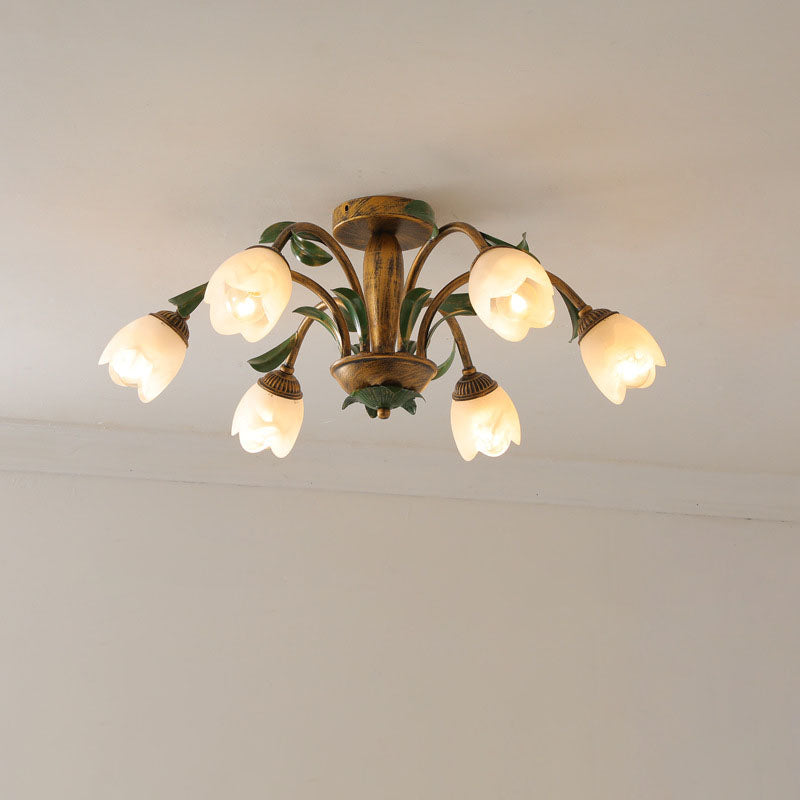 Traditional Rustic Floral Iron Glass 6/8/10 Light Semi-Flush Mount Ceiling Light For Living Room Lumendat