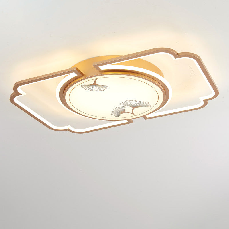 Traditioanl Chinese Iron Aluminum Acrylic Round Rectangular Square Ginkgo Leaf LED Semi-Flush Mount Ceiling Light For Living Room