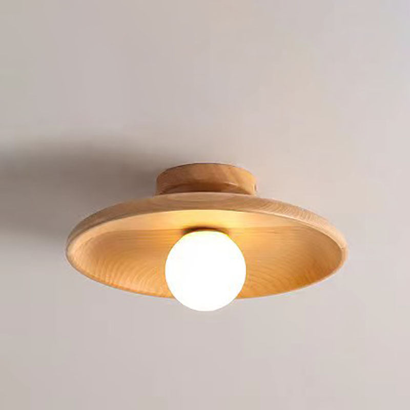 Modern Simplicity Rubberwood Glass Round 1-Light Semi-Flush Mount Ceiling Light For Hallway Lumendat