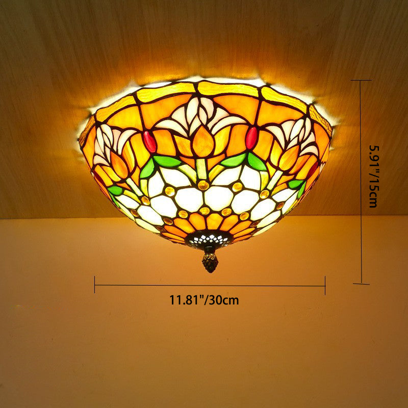 Traditional Tiffany Tulip Stained Glass Iron Dome 2/3-light Flush Mount Ceiling Light for Living Room