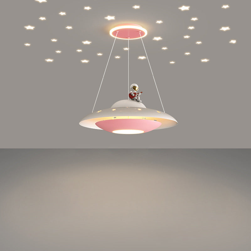 Lumendat Modern Art Deco Kids Iron Acrylic UFO Spaceship Astronaut Round LED Pendant Light For Bedroom Lumendat