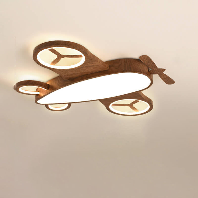 Cartoon Creative Wood Grain Aircraft LED Kids Flush Mount Ceiling Light BulbSquare