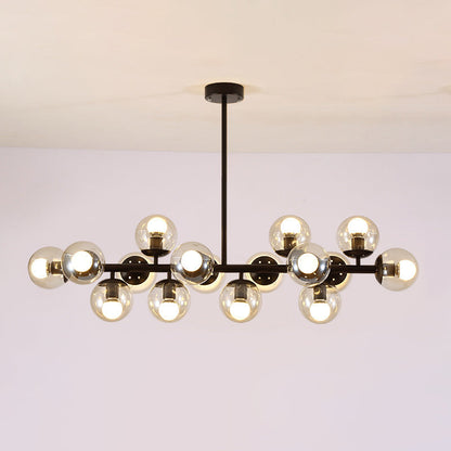 Contemporary Scandinavian Long Round Globe Iron Glass 16-light Island Light Chandelier for Dining Room