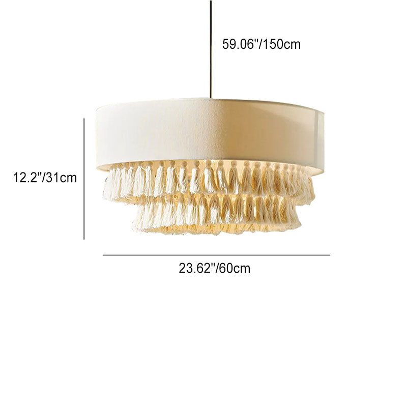 Contemporary Boho Fabric Cylinder Shade Tassel Braided Rope 3-light Chandelier for Living Room