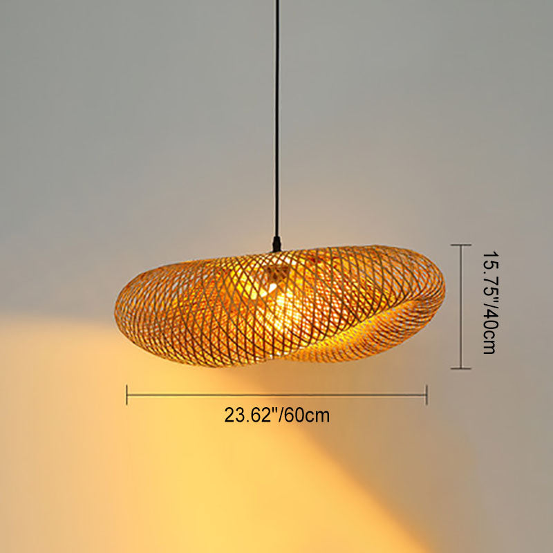Traditional Japanese Straw Hat Bamboo Weaving Iron 1-light Pendant for Dining Room