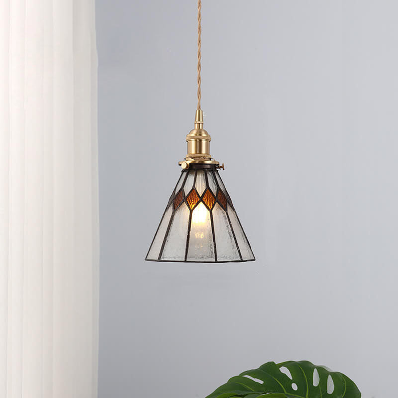 Japanese Vintage Brass Stained Glass Cone 1-light Pendant Light BulbSquare