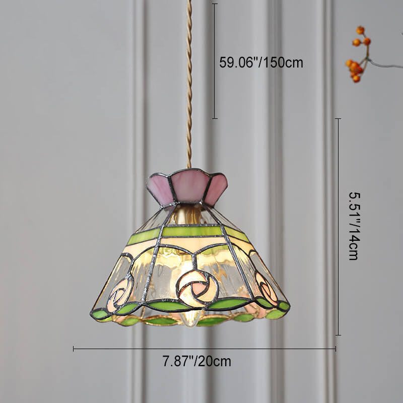 Vintage Tiffany Rose Flower Conical Stained Glass 1-light Pendant Light BulbSquare