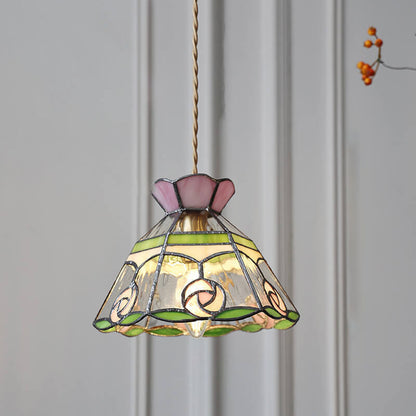 Vintage Tiffany Rose Flower Conical Stained Glass 1-Light Pendant Light