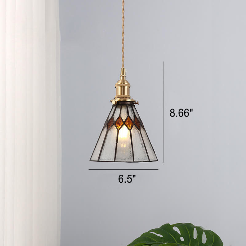 Japanese Vintage Brass Stained Glass Cone 1-light Pendant Light BulbSquare