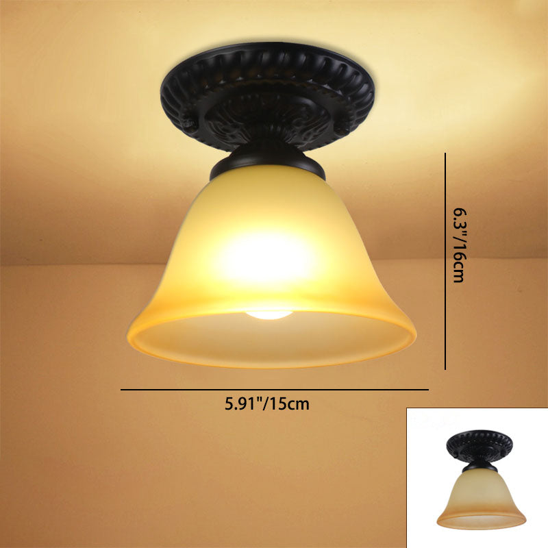 Contemporary Retro Floral Bell Round Iron Glass 1-Light Semi-Flush Mount Ceiling Light For Hallway Lumendat